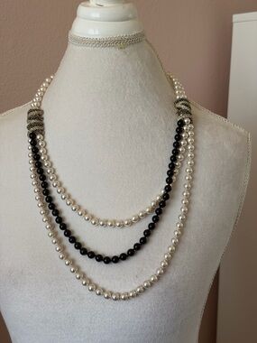 St. John Multi-Strand Faux Pearl & Onyx Bead Necklace with Crystal Accents